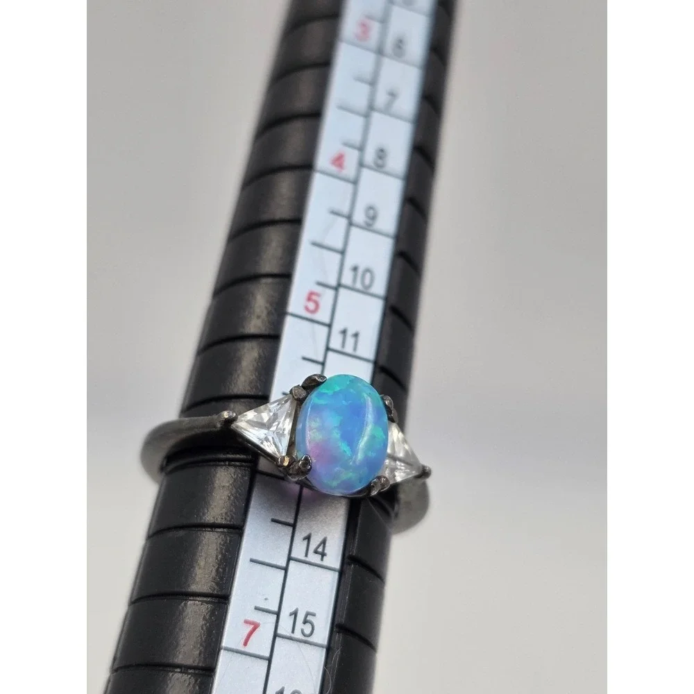 Sterling Silver‎ 925 Blue Opal Trillion CZ Three Stone Ring Size 6.25 Oxidized